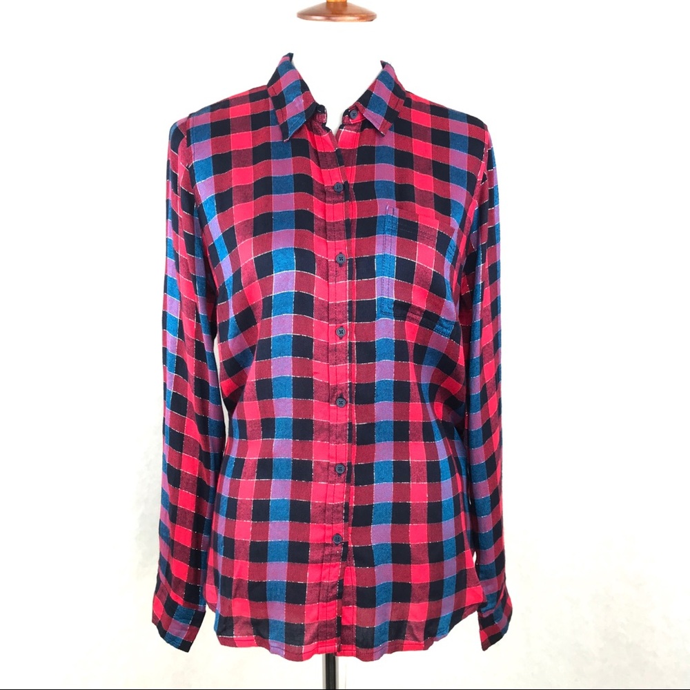 Lucky Brand Plaid Top Blouse Hi Lo Oversized Loose